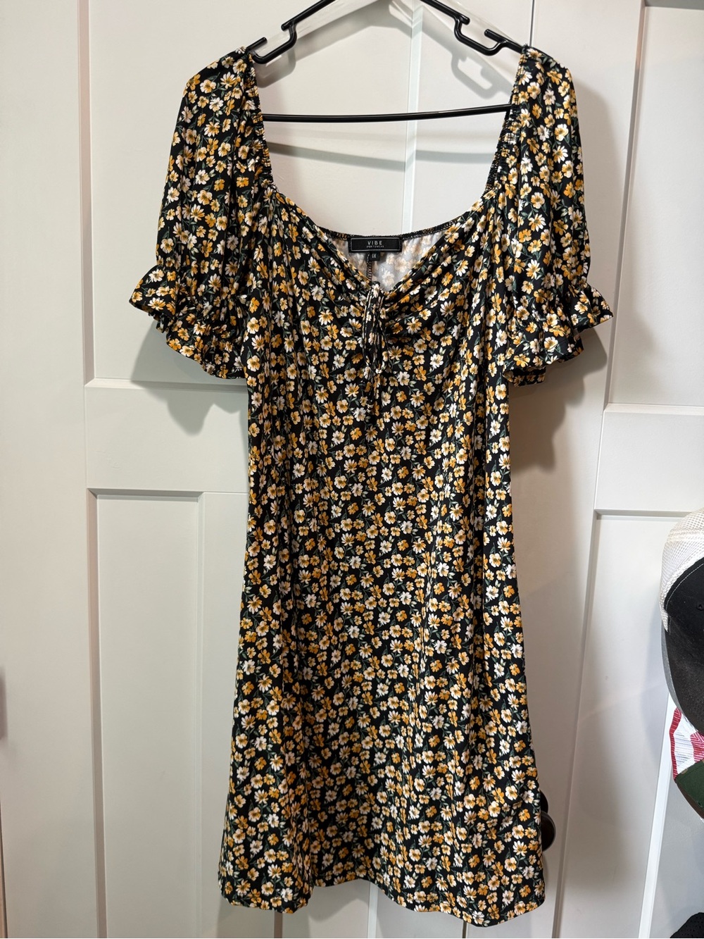 Vibe Black Floral Tie-Front Square-Neck Dress